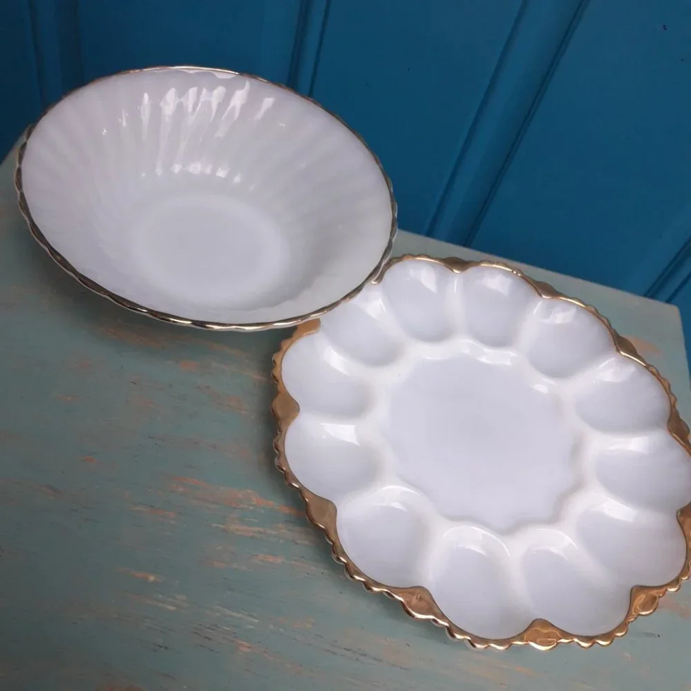 Milk Glass Bowl Egg Dish Set Gold Rimmed Vintage Fire King White Anchor Hocking - Picture 5 of 16